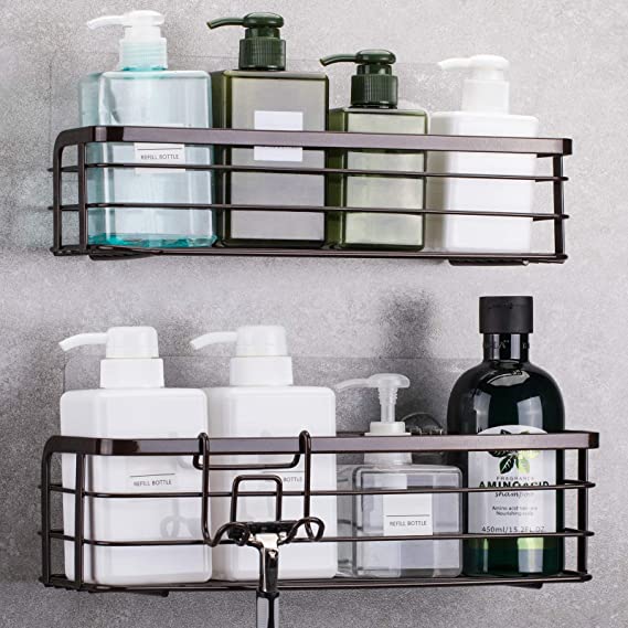 LUXEAR 2 Pack Shower Caddy with Hook Rustproof, Reusable Adhesive Wall Shower Shelf Rack Basket Storage Organizer for Bathroom Kitchen - No glue