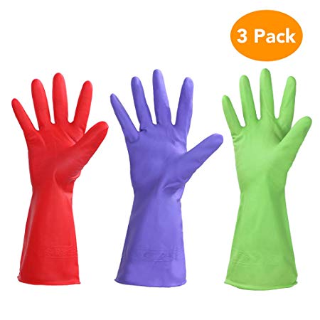 KMEIVOL Dishwashing Gloves, Waterproof Rubber Gloves, Reusable PVC Dish Gloves, House Cleaning Dishwashing Gloves Medium, Heavy Duty Cleaning Gloves 3 Pack 3 Colors, 12 Inches (Green, Red, Purple)