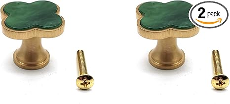 Cabinet Knobs and Handles,2-Pack, Brass Cabinet Knobs Four Leaf Clover Shape Knobs for Dresser Drawers 1.1" Width Moss Green