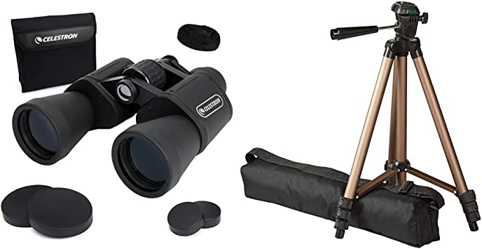 Celestron 71256 UpClose G2 10x50 Porro Binocular (Black) & Amazon Basics Lightweight Camera Mount Tripod Stand with Bag - 16.5-50 Inches