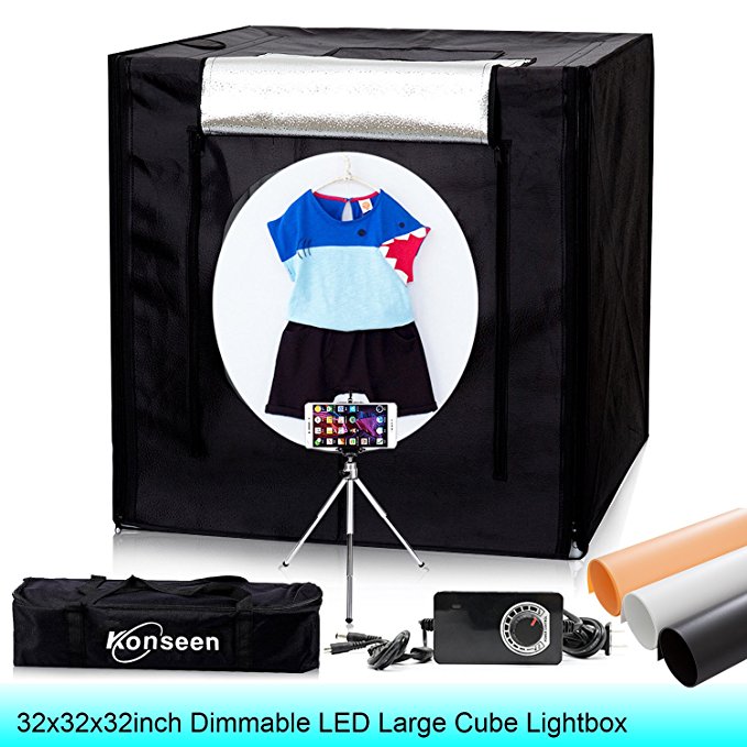 32x32x32inch 5500K Dimmable LED Large Photo Studio Cube Box Lightbox Kits Photography Lighting Shoot Tent Softbox with Dimmer Adapter,Mini Tripod and 3 Colors PVC Backdrops in Carry Bag