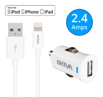 Apple MFi Certified iPhone Car Charger - Skiva 12W 2.4Amp PowerFlow Rapid Car Charger with separate 3.2ft 8-pin Sync & Charge Lightning Cable for iPhone 6s 6 plus 5se, iPad Air mini Pro & more, White