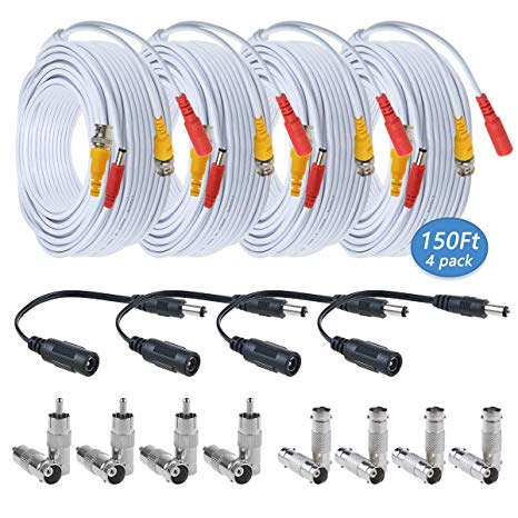 BNC Cables150ft 4 Pack, Flashmen HD Security Camera Cables Heavy Duty BNC Video Power Cable BNC Wire Extension for CCTV DVR Security Camera System