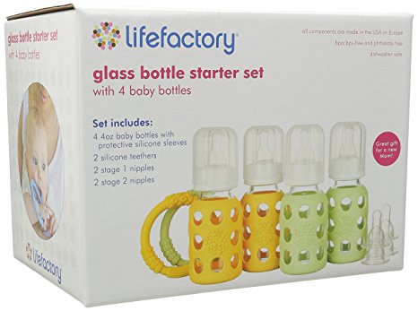 Lifefactory 4-Ounce BPA-Free Glass Baby Bottle and Protective Silicone Sleeve Starter Set, Spring/Yellow with 4 Baby Bottles, 2 Silicone Teethers, and 2 Nipple 2-Packs