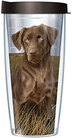 Signature Tumblers Chocolate Lab in Field Wrap on Clear 16 Ounce Double-Walled Travel Tumbler Mug with Black Easy Sip Lid