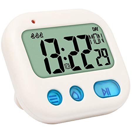 Vibrate Alarm Clock Digital Timer, Kitchen Cooking Timer Clock Display Time/Weekday, 3 Alarms Setting, Count Up/Down, Stopwatch Function, Retractable Stand, Hang Hole for Study/Games/Exercise, White