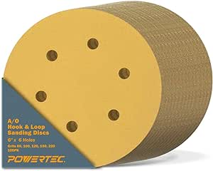 POWERTEC 45201XG-100 6" A/O Hook & Loop 6 Hole Sanding Disc, Assortment Grits 80, 100, 120, 150, 220, Gold, 100 Pack