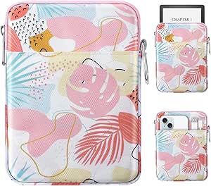 MoKo Padded Ereader Sleeve Case for 6-7 inch Ereader Tablet Bag Protective Cover Pouch with a Carabiner, Tropical Leaf