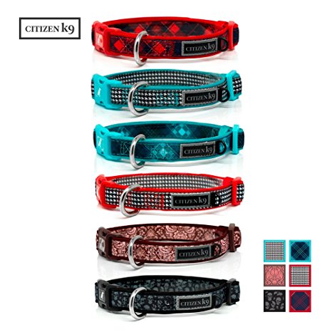 Citizen K9 Dog Collar – Neoprene Soft and Comfy Designer Patterns –- Quiet ID Tag Loop – Reflective Logo - Fancy Bling Fashion Best Training for Male or Female - Formerly Buju