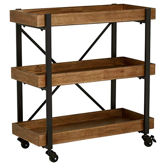 Rivet Modern Wood Bar Cart, 32"H, Black with Black Iron Finish