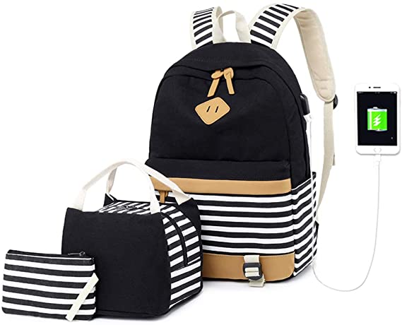 Women Backpack Laptop Fashion Travel USB Charging Bag for Teenager Girls College Student School Canvas Rucksack Casual Daypack Fit 15.6 Inch Notebook Striped Small (6-Black)