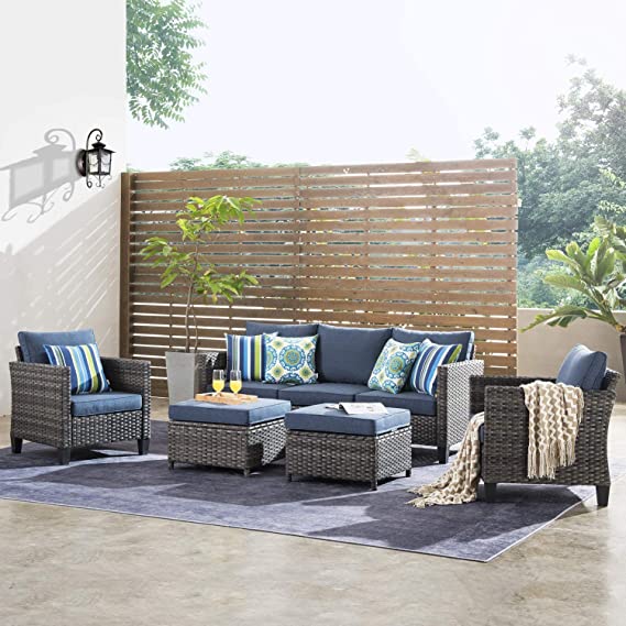 ovios Patio Furniture Set, Wicker Outdoor Furniture sectional with Weather Resistant Cushion and 2 Pillows, Garden Sofa, Backyard Patio Sofa (Denim Blue)