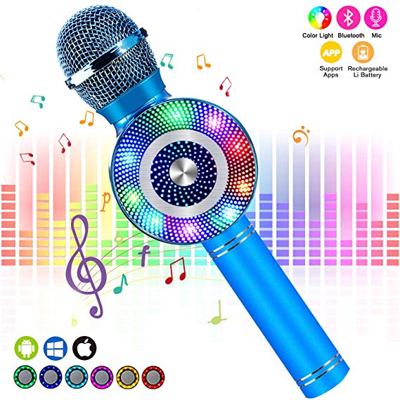 FishOaky Wireless Bluetooth Karaoke Microphone, Portable Kids Microphone Karaoke Player Speaker with LED & Music Singing Voice Recording for Home KTV Kids Outdoor Birthday Party (Blue 01)