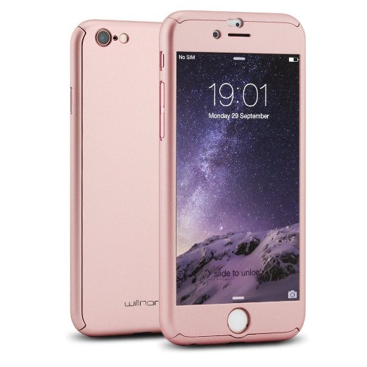 Willnorn Norn One Full Body Protection Hard Slim Case with Tempered Glass Screen Protector for Apple iPhone 6 47-Inch - Rose Gold