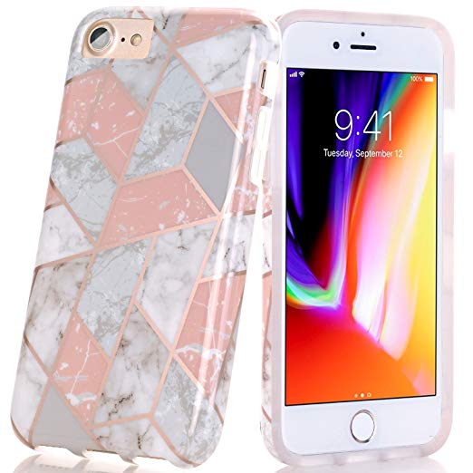 iPhone 7 Case, iPhone 8 Case, BAISRKE Shiny Rose Gold Lines Clear Bumper TPU Soft Rubber Silicone Protective Phone Case for Apple iPhone 6 6s 7 8 4.7inch [Pink Marble Geometric]
