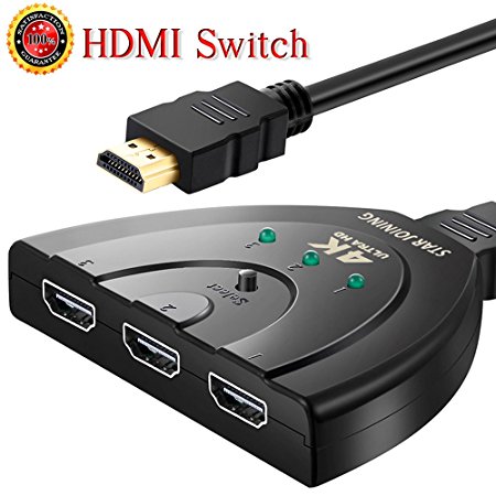 HDMI Switch 3 Port Auto Switcher Hub with Pigtail Cable Supports 4K,3D,1080P HD Audio for HD TV PS3 PS4 3 in 1 out