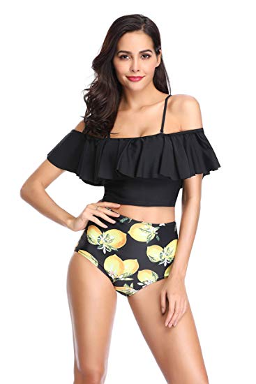 MarinaVida Women Off Shoulder Ruffle Swimsuit Crop Top Two Piece Bathing Suit(Slim Version)