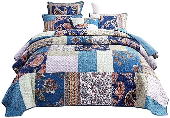 Tache Paisley Night Flower Floral Blue Colorful Bohemian Cotton Patchwork Reversible Quilt Bedspread Set Queen