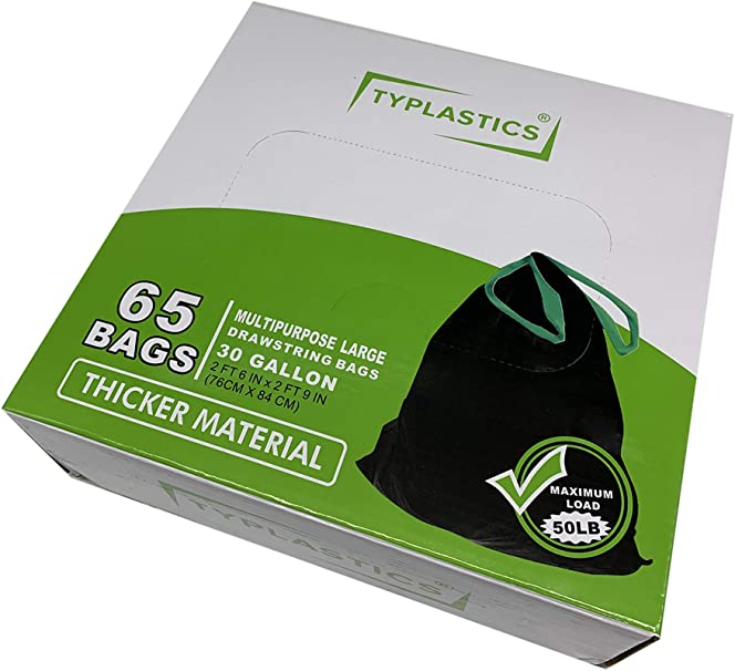 TYPLASTICS Multipurpose Black Trash Bags with Drawstring - 30 Gallon 65 Count