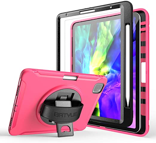 BATYUE iPad Pro 11 2021 & 2020 & 2018 Case with Screen Protector [Support 2nd Gen Pencil Wireless Charging] [360° Swivel Stand/Hand Strap] [Full Body] Shockproof Heavy Duty Rugged Case (Rose Red)