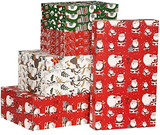 WRAPAHOLIC 12 Pack Christmas Boxes - Assorted Size Holiday T-Shirt Boxes with Lids(Santa Claus/Gloves/Reindeer/Snowflakes) for Gift Wrap