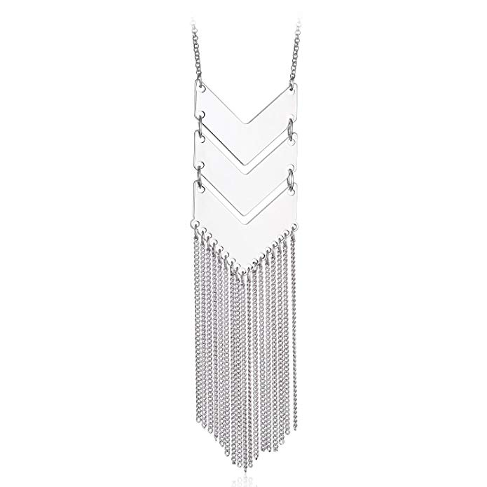 HUIMEI Chevron Three V Shaped Long Chain Pendant Necklace with Tassel