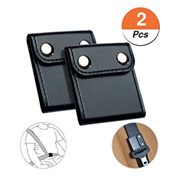 Seat Belt Adjuster Positioner Clips - DYKEISS Comfort Universal Auto Shoulder Neck Strap Safety Positioner, PU Leather Vehicle Car Seatbelt Locking Covers for Kids Adults, 2 Pack (Black)