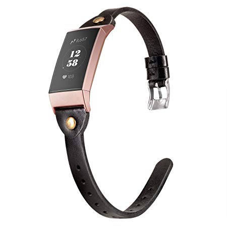 Wearlizer Compatible with Fitbit Charge 3 Bands for Women Leather Slim Thin Leather Charge 3 hr SE Special Edition Rose Gold Band Accessories Strap