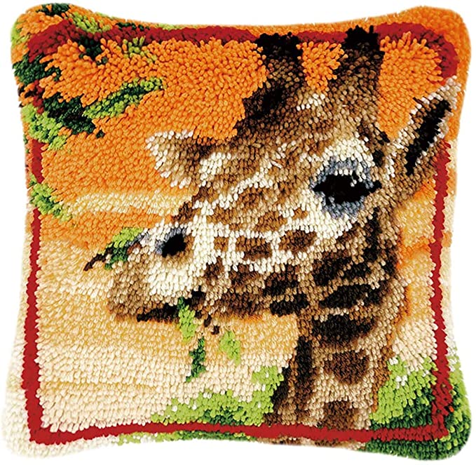 MLADEN Latch Hook Kit DIY Hooking Pillow Cover Sofa Cushion Cover Latch Hook Craft Kit Pillow for Kids and Adults 17 X 17in (Giraffe)