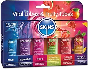 SKINS Sex Lube Set - Water Based Lube, Tingle Lube and a Silicone Lube, with 3 Flavored lube for Couples - Vital Personal Lubricants & Anal Lube Set with Fruity Edible Lube