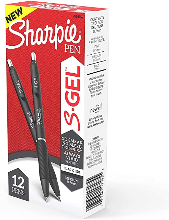 S-Gel, Gel Pens, Medium Point (0.7mm), Black Ink Gel Pen, 12 Count, 1 Set of 12 Count