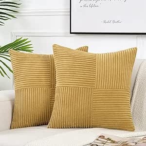 Fancy Homi 2 Packs Mustard Yellow Decorative Throw Pillow Covers 18x18 Inch for Living Room Couch Bed, Farmhouse Boho Home Decor, Soft Corss Corduroy Patchwork Textured Accent Cushion Case 45x45 cm