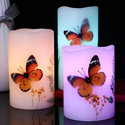 Set of 3 Flameless LED Candles Color Changing Flicker,Light Mode Option Real Handmade butterflies and plant specimens with Timer and 18-key Remote for Mother's Day,Wedding,Votive,Yoga and Decoration