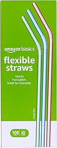 Amazon Basics Disposable Striped Plastic Flex Straws, Assorted Colors, 100 Count, Large Pack