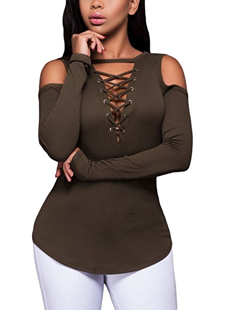 FARYSAYS Women's Sexy Cold Shoulder Blouse Lace-Up Ribbed Tops