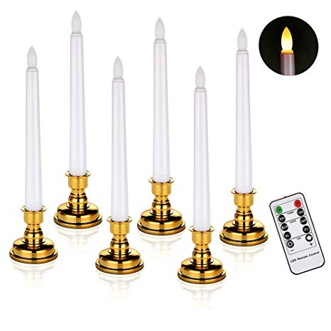 Window Candles Battery Operated Flameless Flickering Taper LED Candle Detachable Gold Base Remote Control (6 Candles   Base)