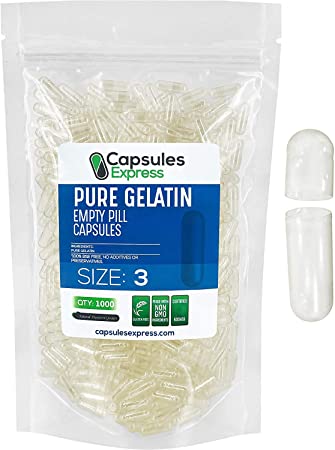 XPRS Nutra Size 3 Empty Capsules - 1000 Count Colored Empty Gelatin Capsules - Capsules Express Empty Pill Capsules - DIY Supplement Capsule Filling - Fillable Color Gel Caps Pills (Clear)