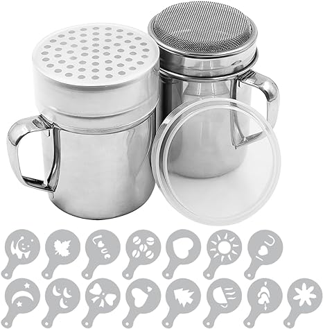 Powdered Sugar Shaker Duster with Handle, SENHAI 2pcs Stainless Steel Powder Shakers for Sugar Pepper Cinnamon Powder Flour with Printing Molds Stencils - Fine & Large Mesh