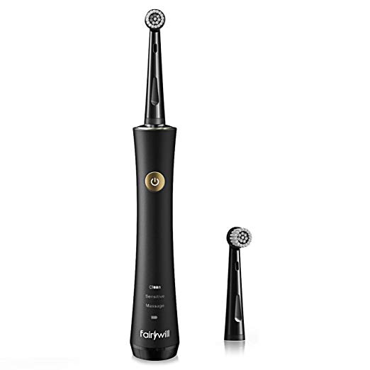 Fairywill Rotary Electric Toothbrush - For a Dentist like clean with 3 Modes, Waterproof with a built in Timer, Rechargeable Battery, and 2 Brush Heads for Home Use in Black