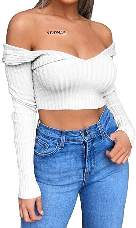 LAGSHIAN Women's Sexy Long Sleeve Off Shoulder V Neck Casual Basic Crop Top