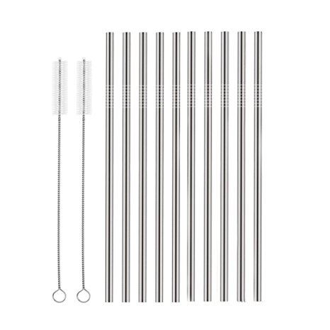 Set of 10 Stainless Steel Straws, HuaQi Straight Reusable Drinking Straws 10.5'' Long 0.24‘’ Dia for 30 oz Tumbler and 20 oz Tumbler, 2 Cleaning Brush Included (10 Straight Straws   2 Brushes）