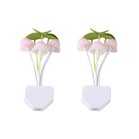 BINGONE Led Night Light Sensor Plug in Wall Mushroom Flower Plants Style Kids Home Room Small Lamp Color changing with US Plug (Leaf Mushroom 2 PCS)