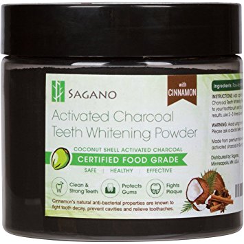 Natural Activated Charcoal Teeth Whitening Powder with Organic Cinnamon by Sagano - Fight Gum Disease, Bad Breath, Cavities, Tooth Stain, Plaque, Gingivitis - Fine Texture for Super Sensitive Teeth