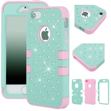 Majesticase iPhone 55S Case - 3 Layers Diamante Bling Crystals Full Body Hybrid Armor Protection Cover  FREE Stylus in GreenPink