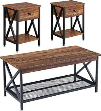 VECELO Coffee Table Set of 3, 2 Nightstands with Drawer & Storage for Living Room, Office, Brown