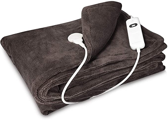 Navaris Electric Blanket - Double Size Heated Over Blanket with 3 Heat Settings and Auto Shut Off Timer - Plush Polyester Bed Throw (Dark Brown)