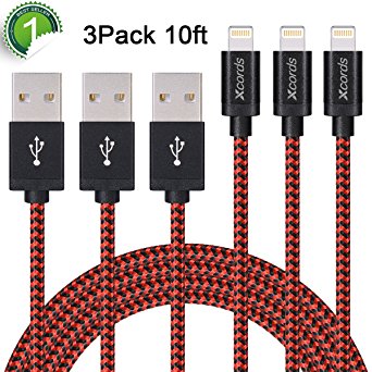 Xcords(TM) 3Pack 10ft Nylon Braided Lightning to USB Charge and Sync Cable Cord Compatible with iPhone 7/7 plus/SE/5/6/6s/Plus/iPad Mini/Air/Pro