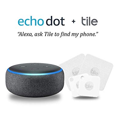 Echo Dot (3rd Gen) - Charcoal Fabric Bundle with Tile Mate with Replaceable Battery and Tile Slim - 4 pack (2 x Mate, 2 x Slim) - NEW