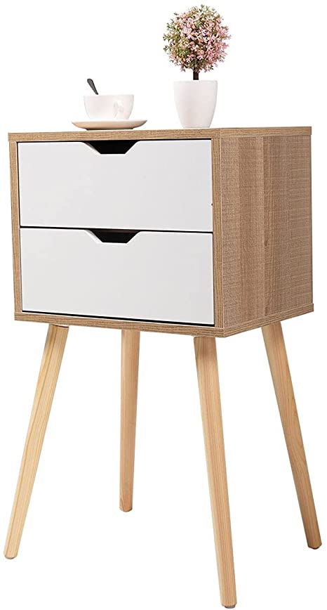 JAXPETY Mid-Century Wood Modern Nightstand with 2 Drawers Storage, Coffee Table End Table with Solid Legs, Bedside Table in White (1-Pack)