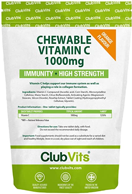 Vitamin C 1000mg 180 Chewable Orange Tablets | High Strength | Supports Immune Health & Colds by Club Vits